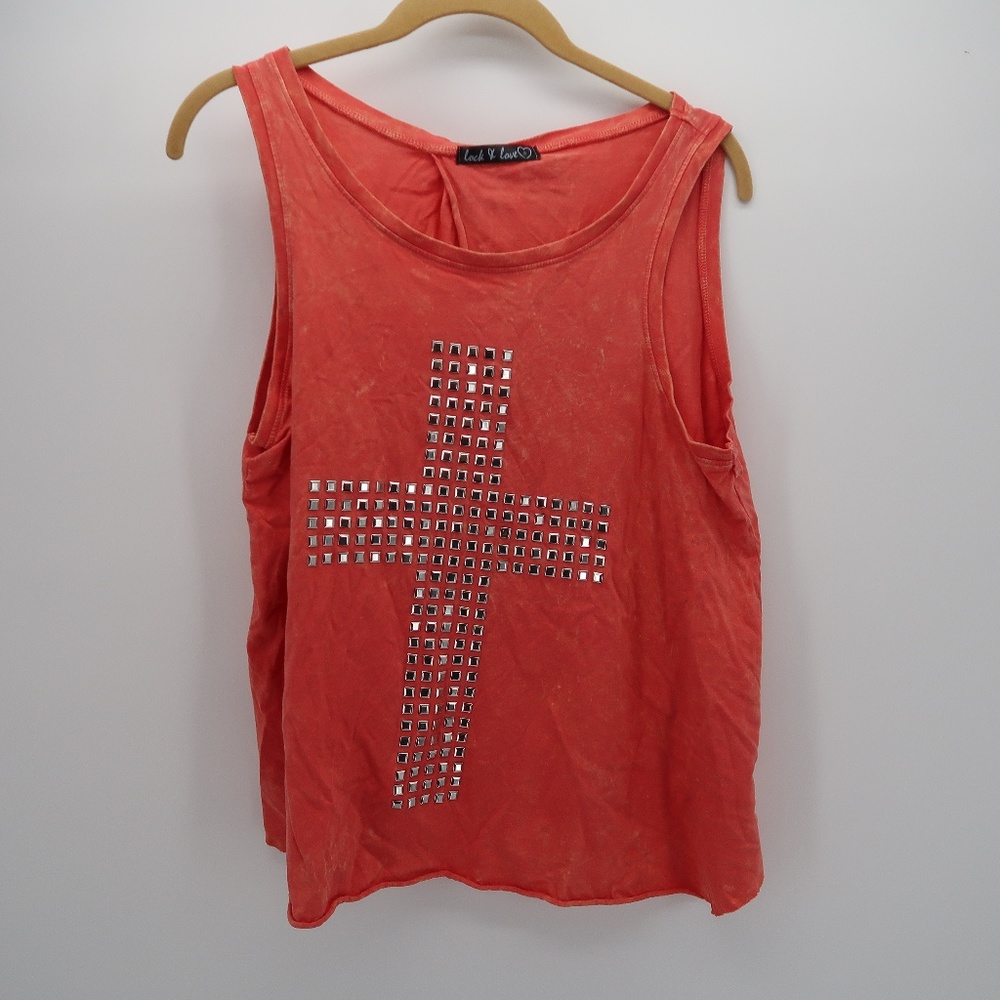 Lock & Love Orange Embellished Cross Tank Top